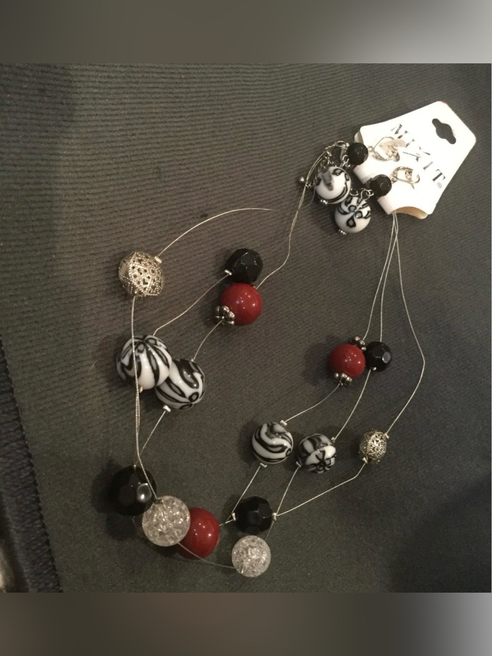 Women’s Black, White & Red Beaded Necklace and Earring Set